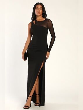 Lulus New Infatuation Black Mesh Asymmetrical Mermaid Maxi Dress Size L NWT